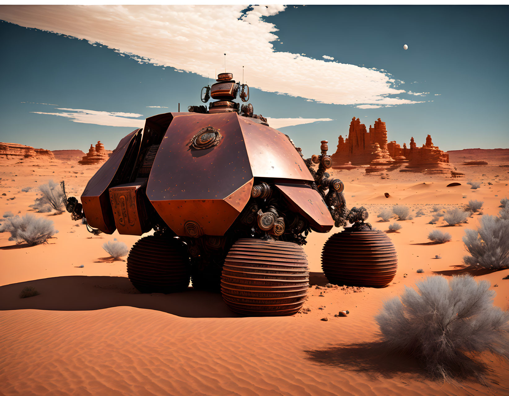 Futuristic rover with spherical wheels in red desert landscape.