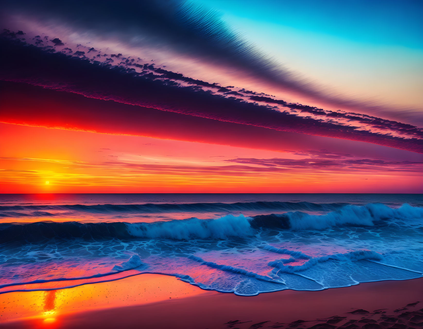 Colorful Ocean Sunset with Striking Clouds and Waves