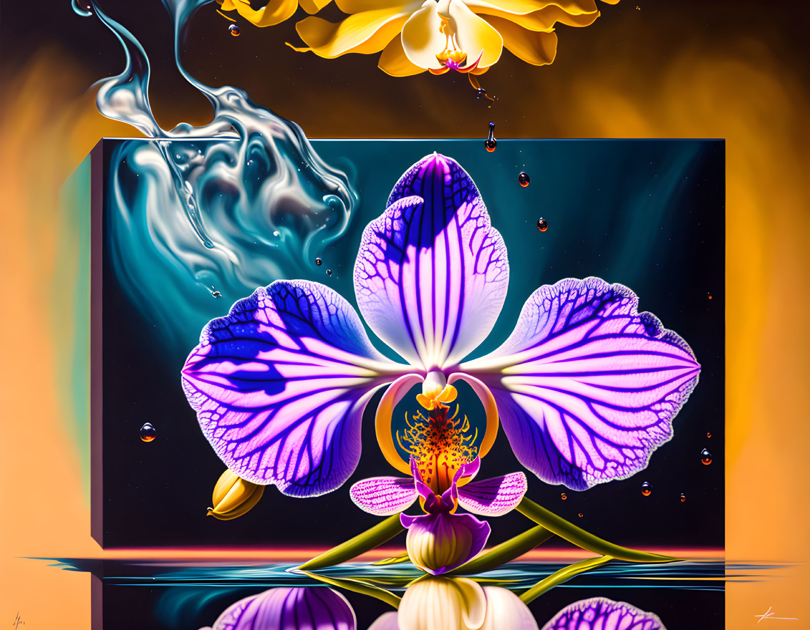 Purple orchid, gold lotus, and cosmic backdrop in vivid artwork