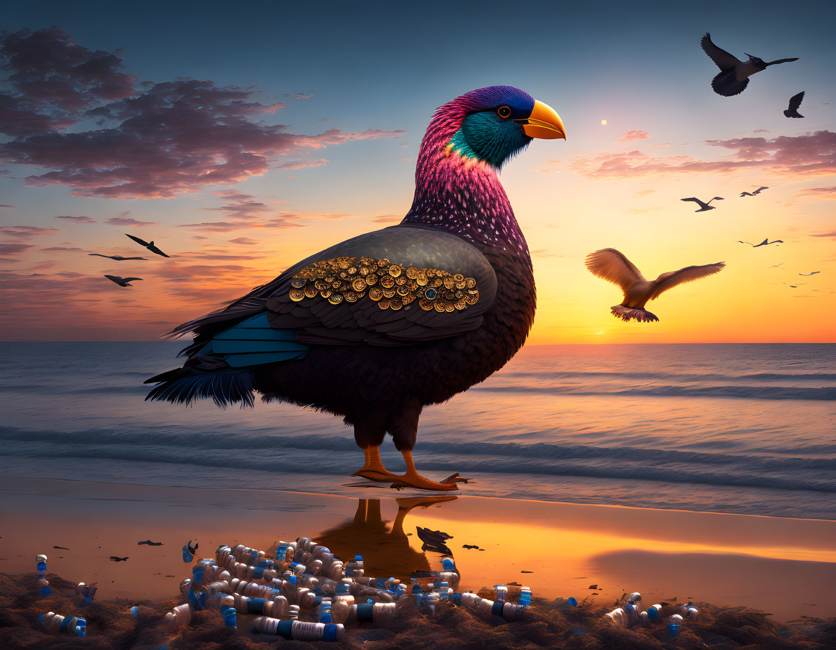 Colorful bird on beach with plastic bottles, sunset, and seagulls