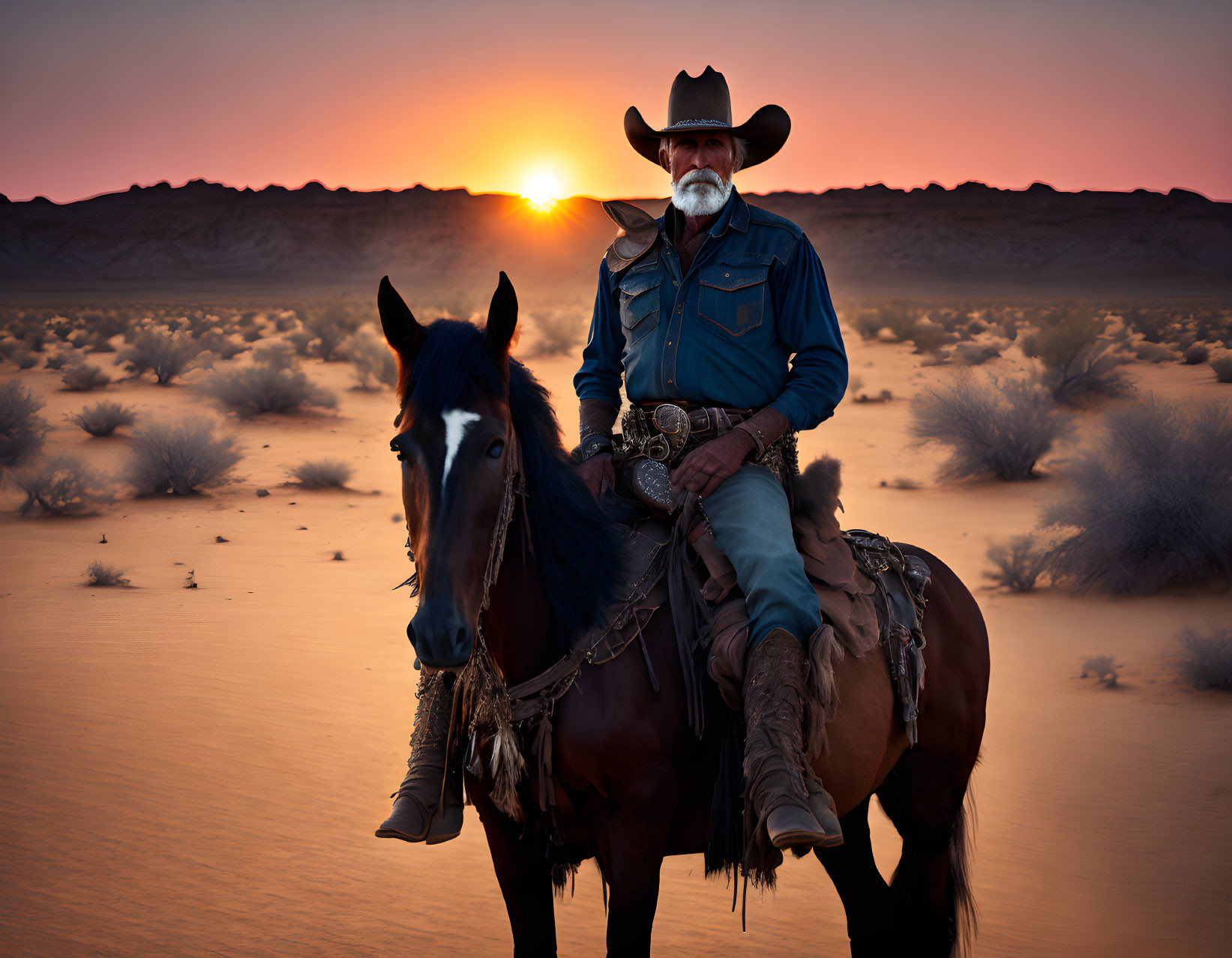 Cowboy on horseback at sunset in sparse desert landscape