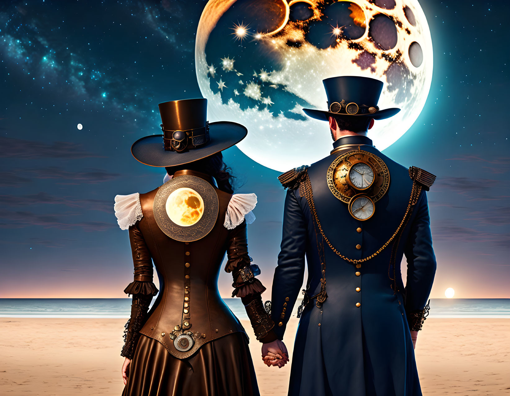 Steampunk couple on beach under oversized moon at twilight