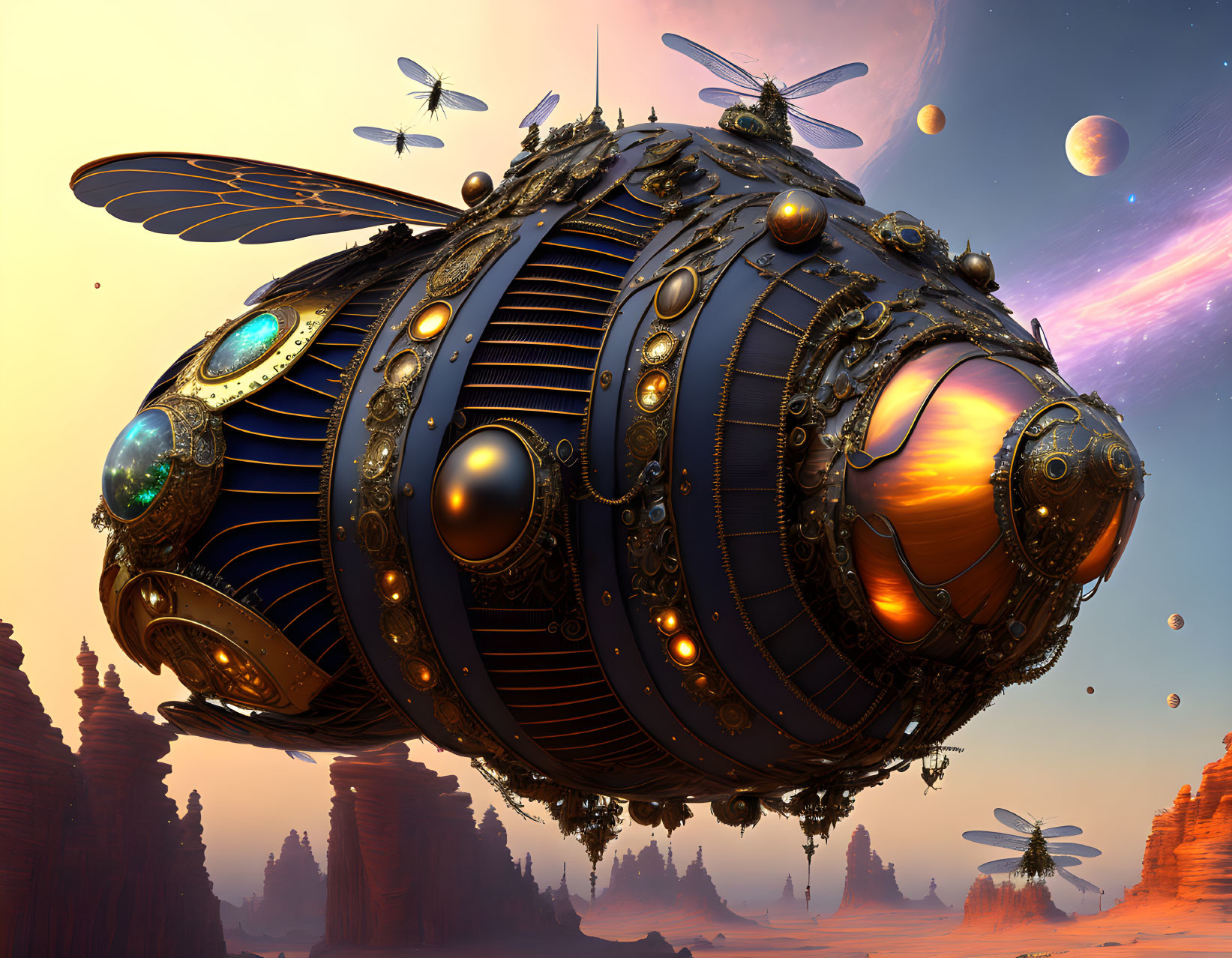 Steampunk bee-inspired airship in alien sky with planets