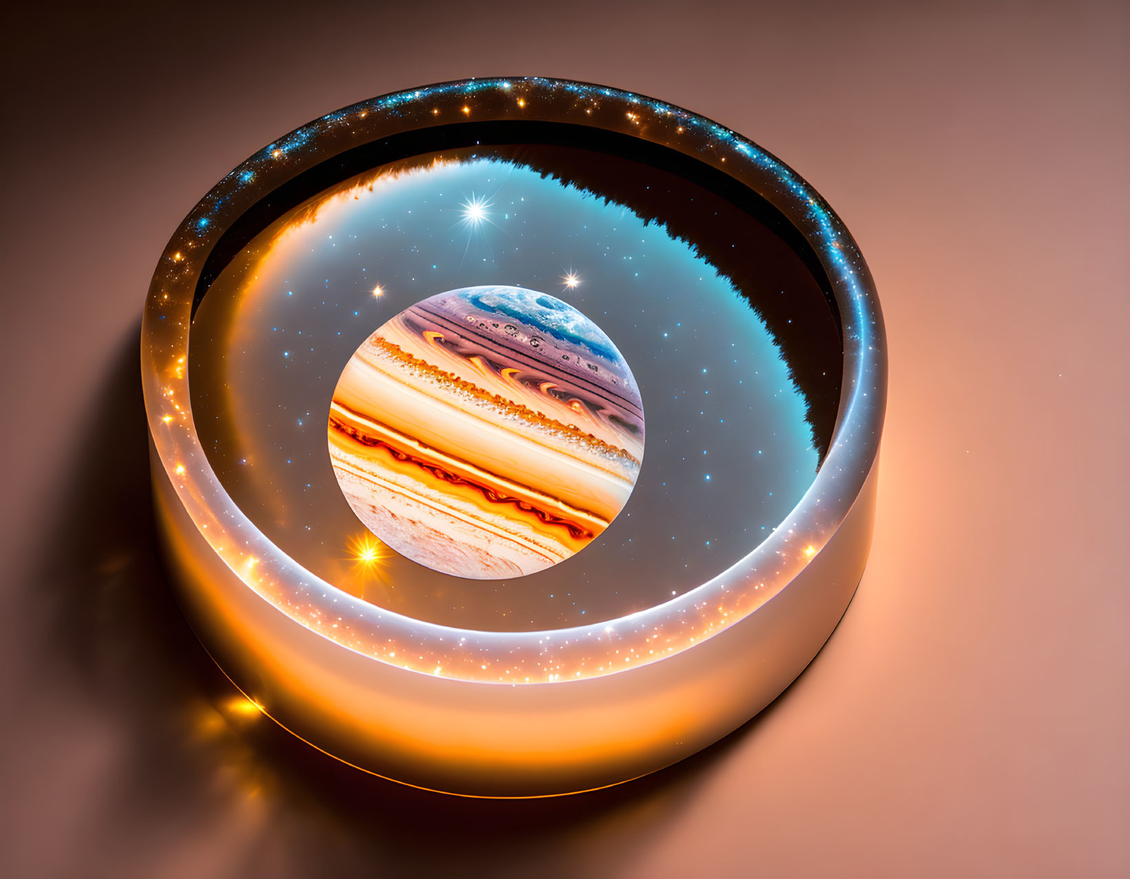 Surreal spherical planet in glossy ring with cosmic background