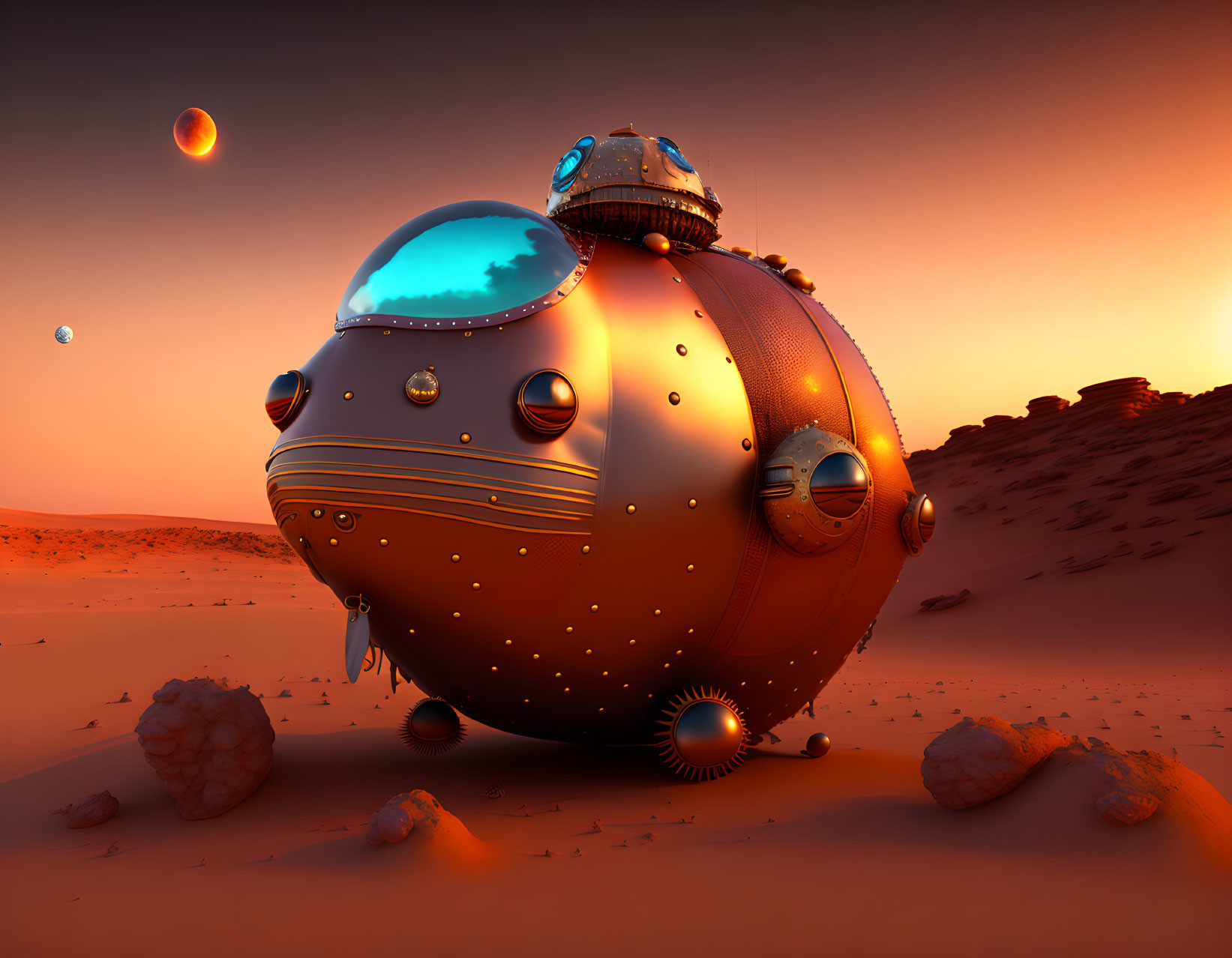 Spherical Spaceship on Alien Planet at Sunset