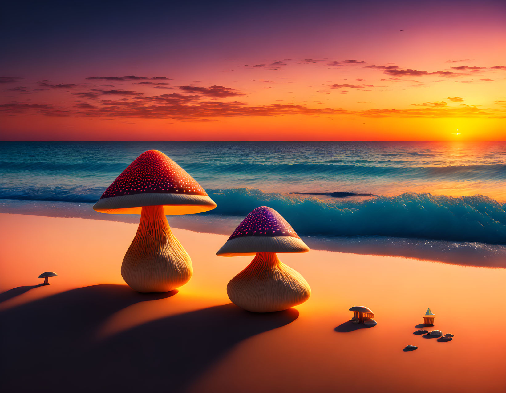 Stylized sunset beach scene with three mushrooms