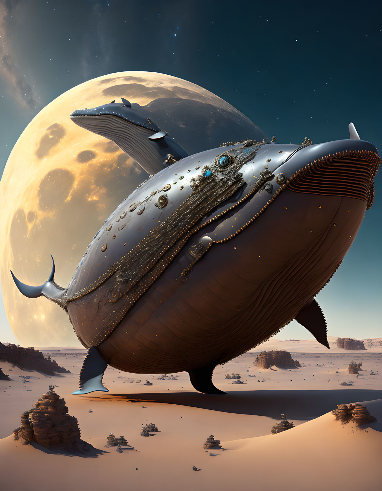 Metallic whale with intricate detailing flying over desert landscape under large moon