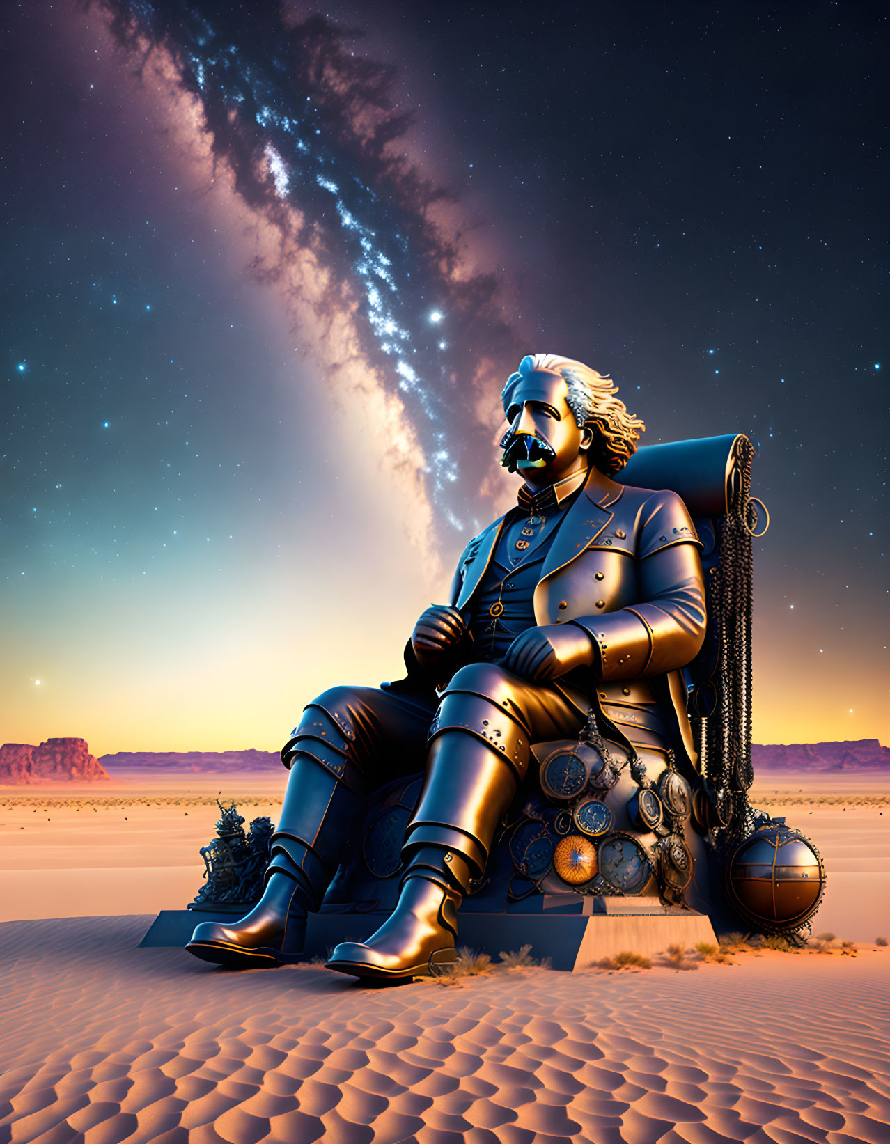 Regal figure in gold and black outfit on desert throne under starry sky