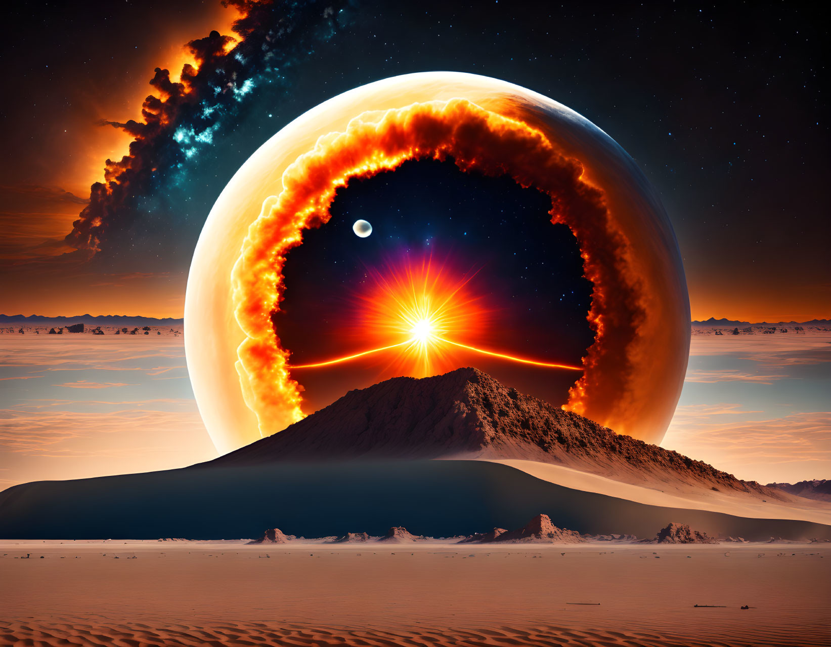 Surreal landscape with fiery planet, desert, mountains, and comet