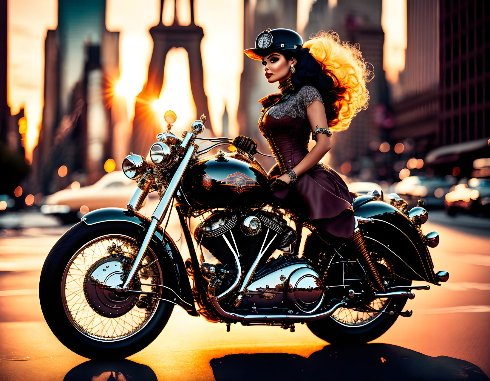 Stylized woman in brown outfit on classic motorcycle with Eiffel Tower backdrop