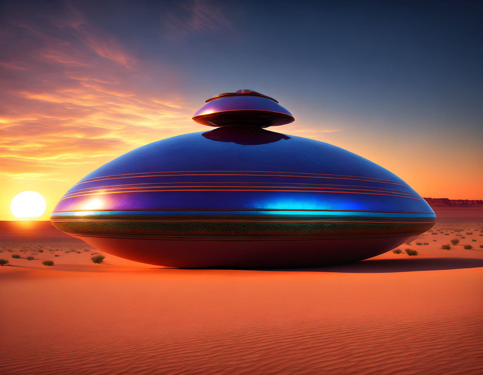 Shiny blue and orange UFO in desert at sunset