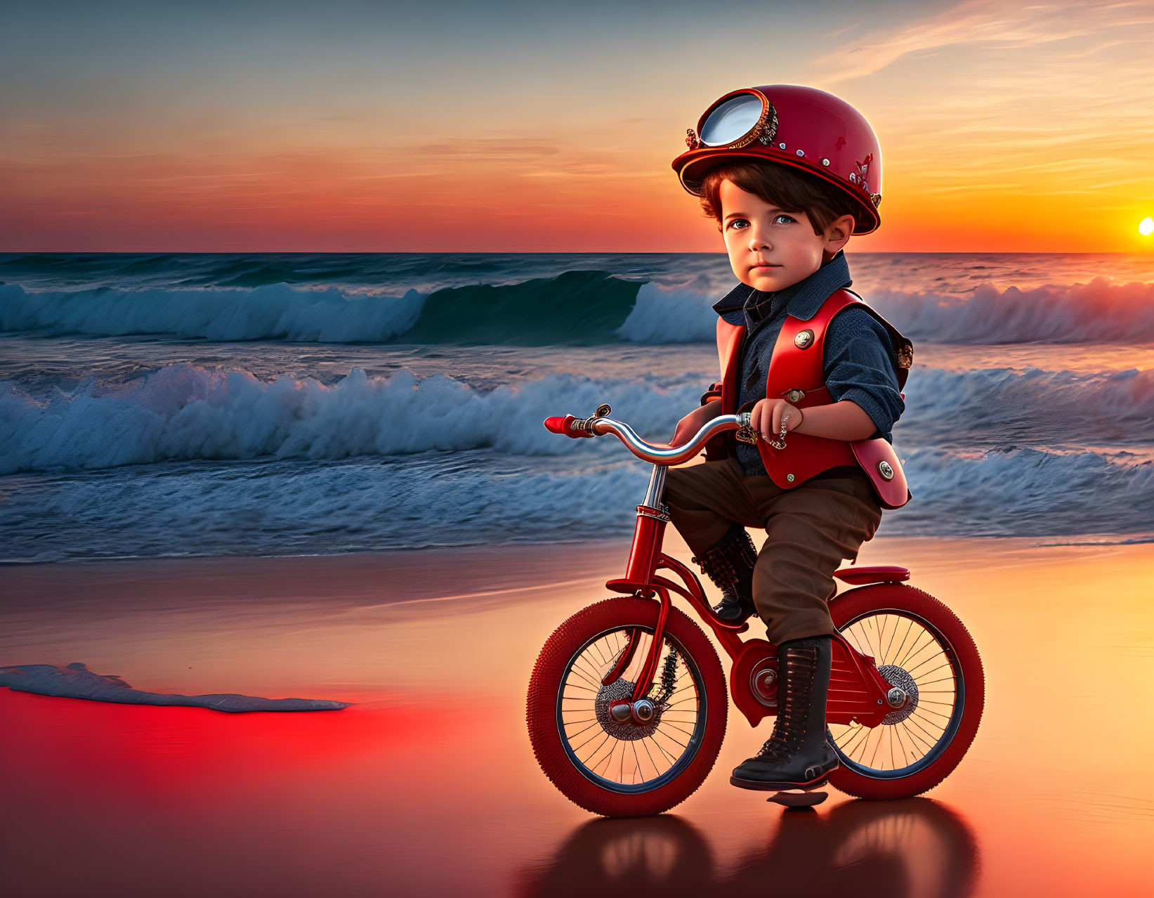 Child in red helmet on bicycle at beach during sunset with vibrant sky and waves