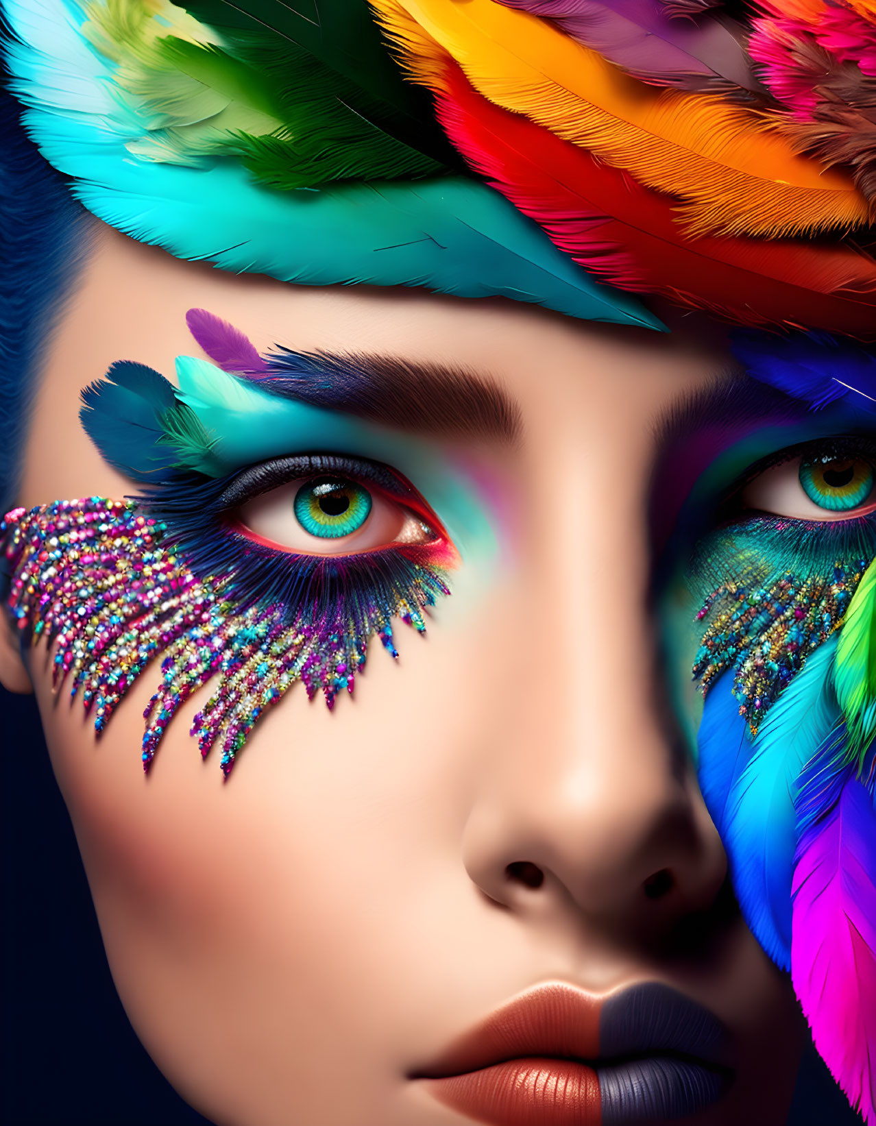 Colorful Feather Headdress and Rhinestone Makeup Portrait