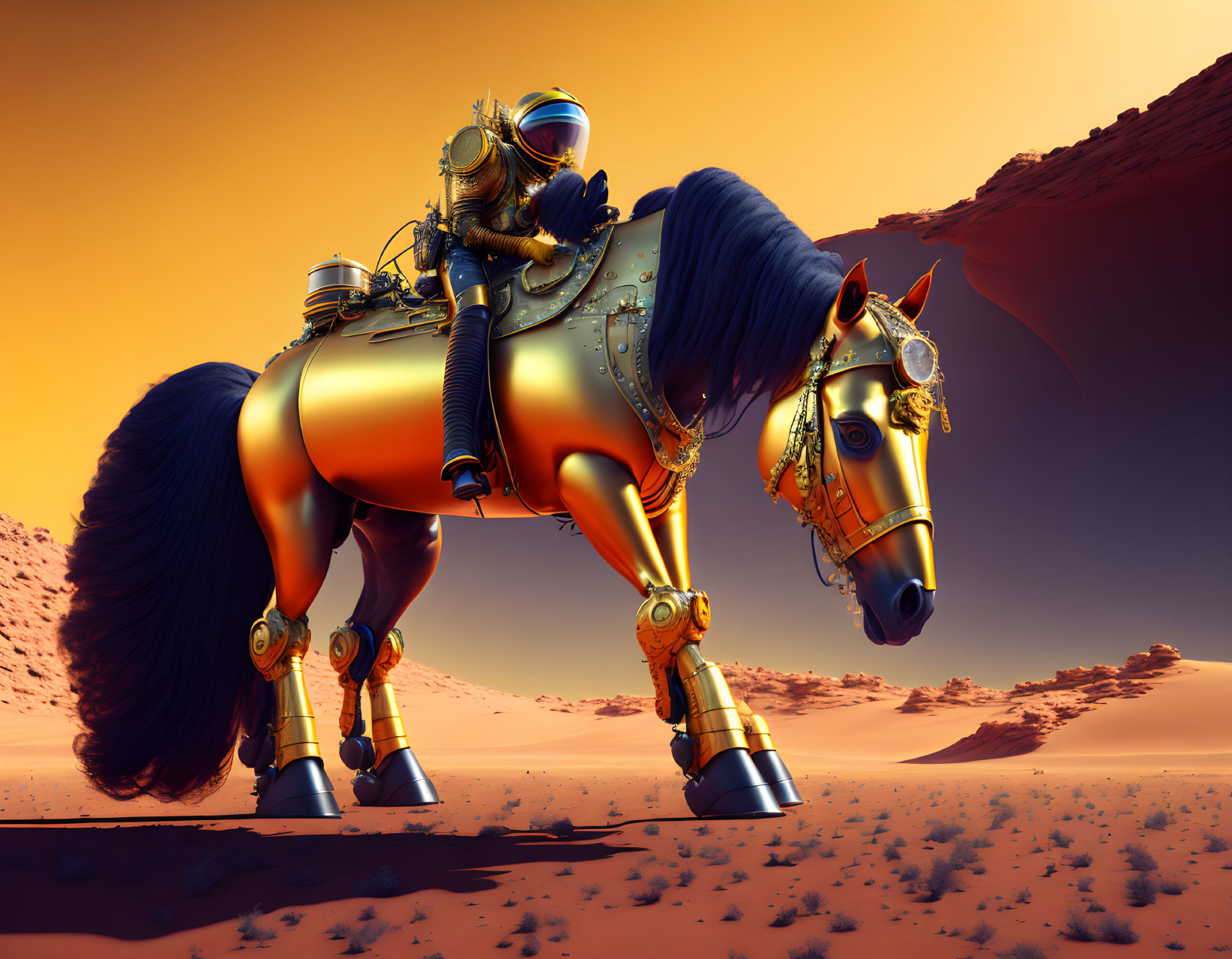 Astronaut in gold space suit rides mechanical horse in Martian desert