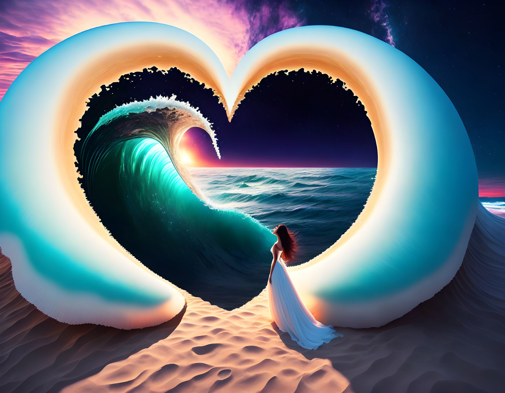 Woman in dress gazes at heart-shaped waves on surreal beach under purple sky