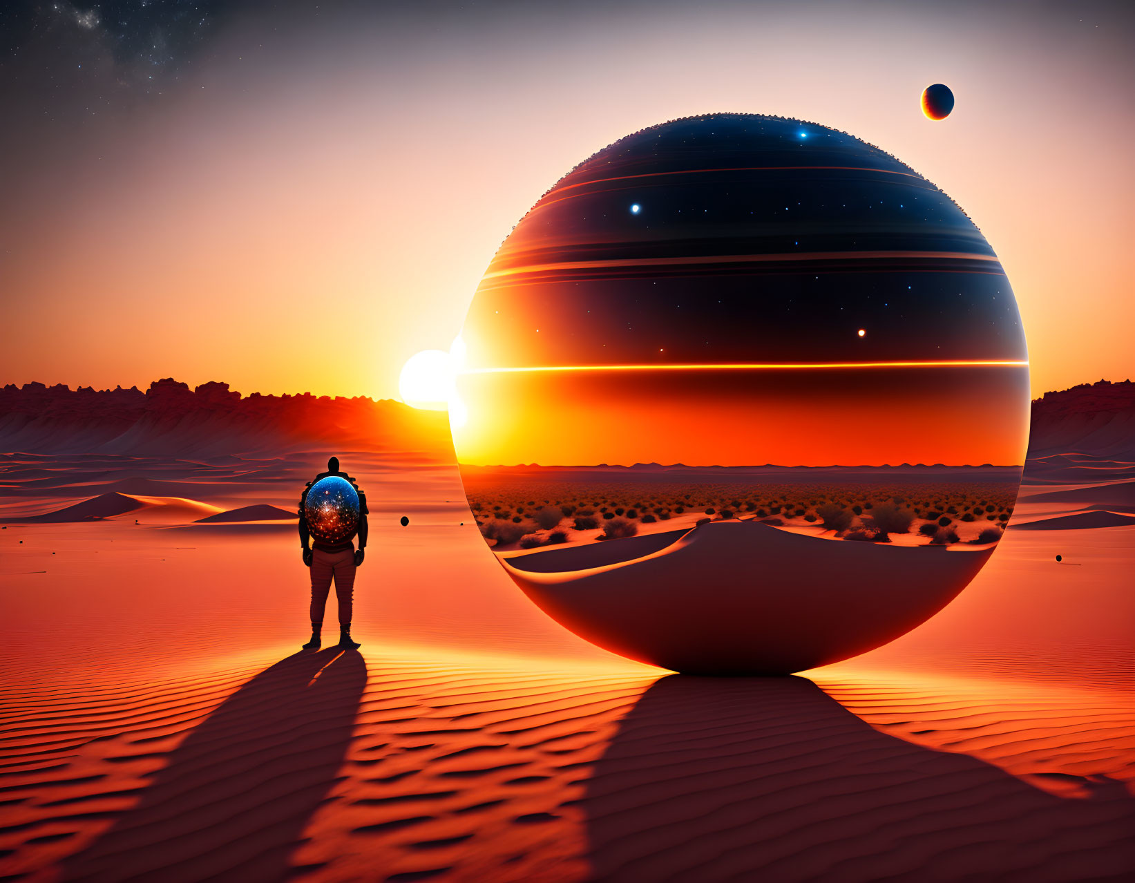 Person in spacesuit gazes at surreal desert sunset scene