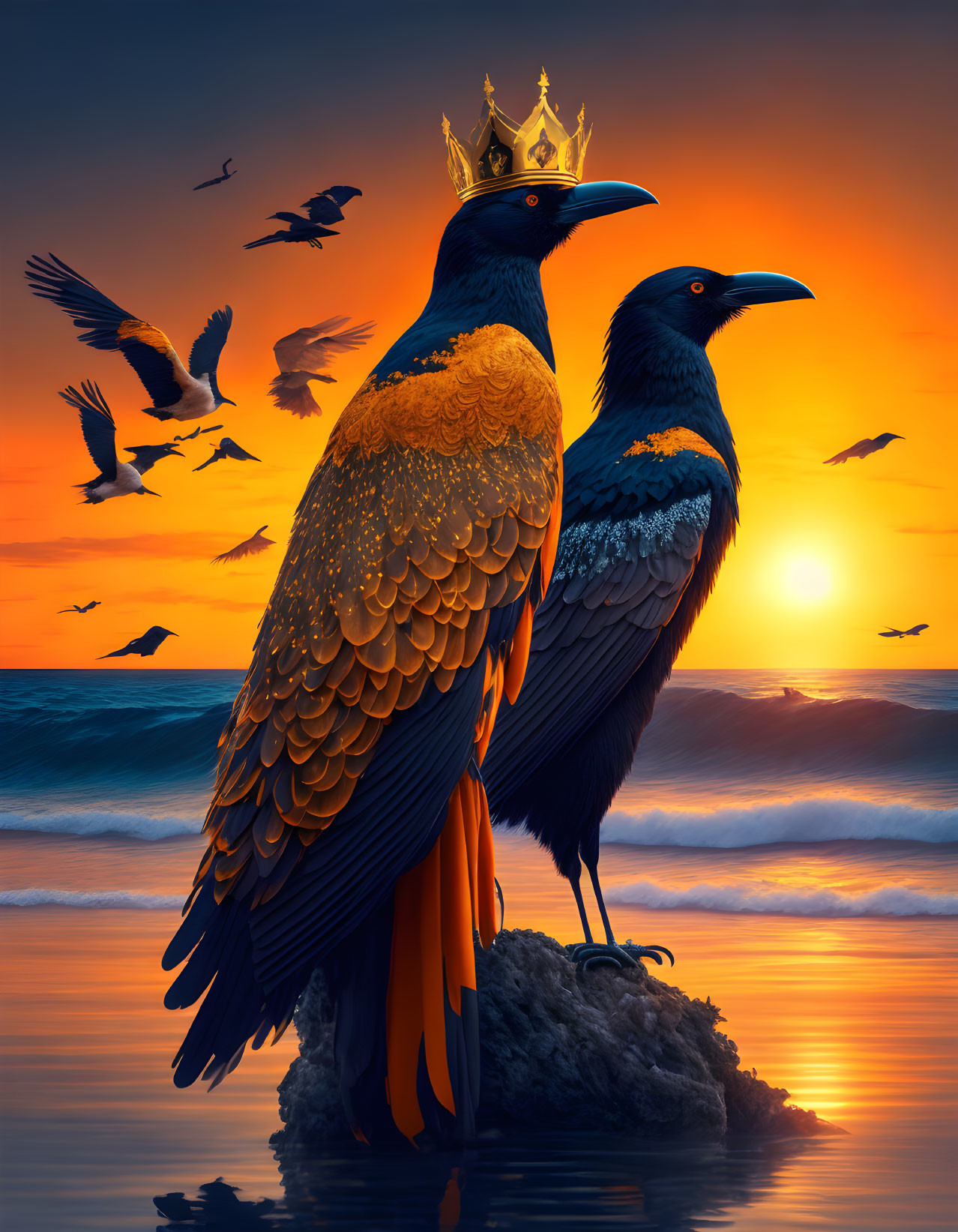 Majestic ravens with crowns on rock at sunset by the sea