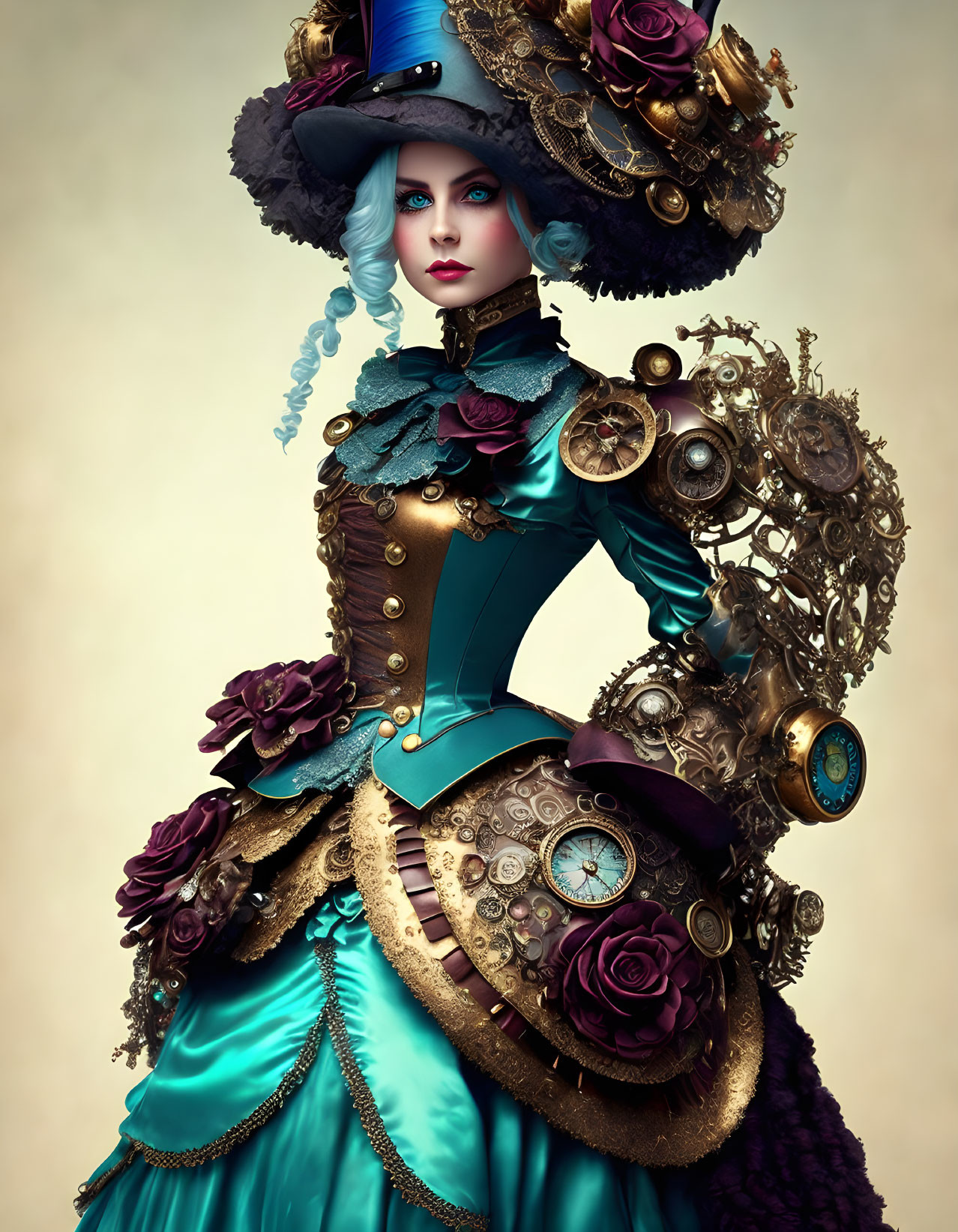 Steampunk-themed digital art of a woman in Victorian attire with cogwheel elements