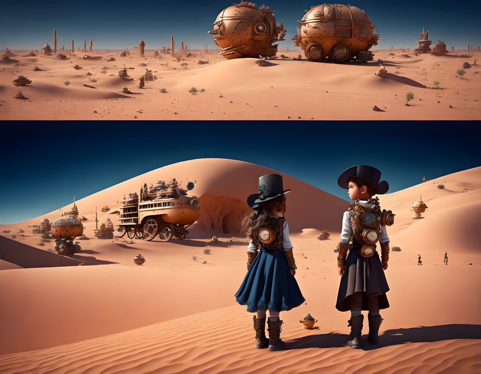 Steampunk-themed artwork: Children in desert with futuristic structures.