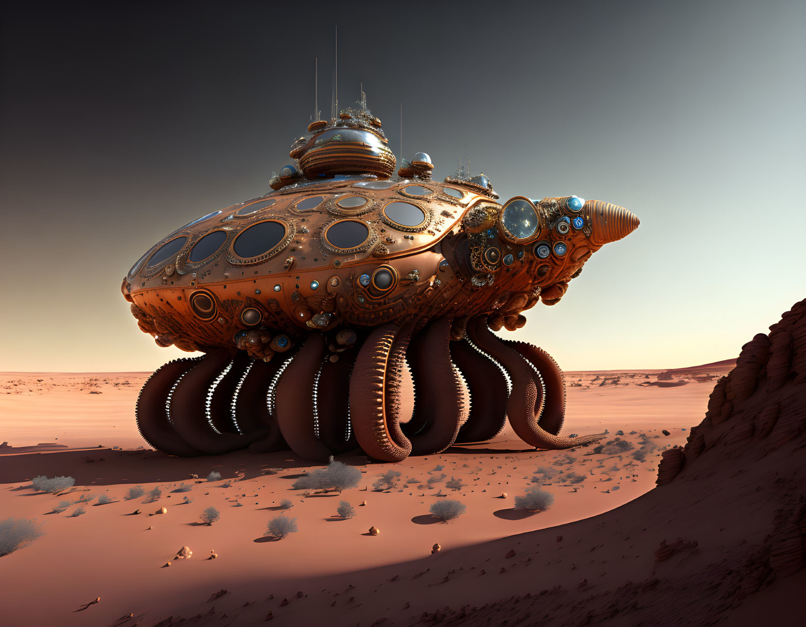 Futuristic octopus-like vehicle with tentacles in desert landscape