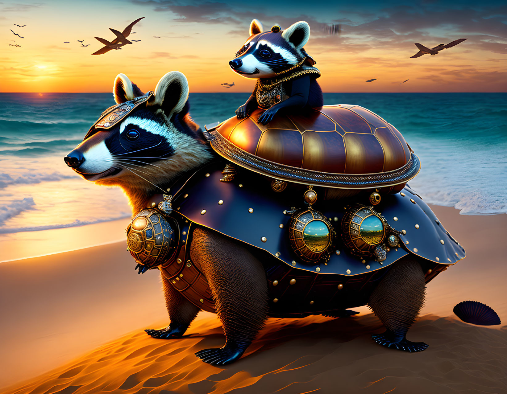 Two raccoons in ornate armor on beach at sunset with birds flying