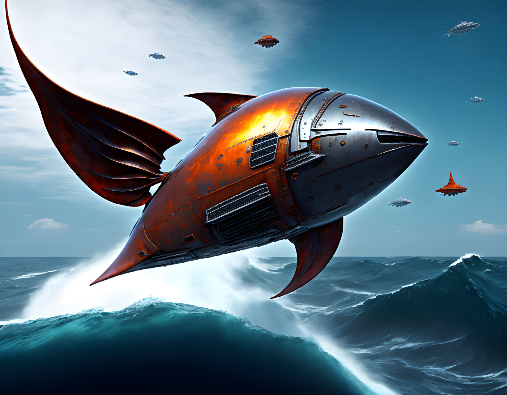 Futuristic fish-shaped airship emerging from ocean waves