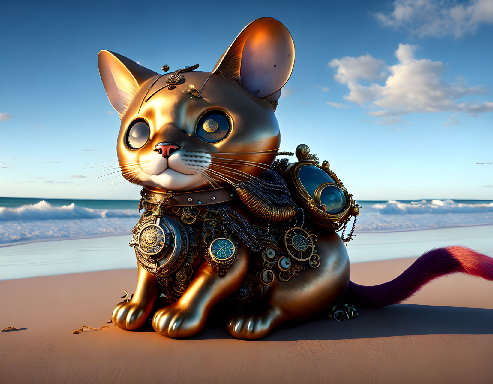 Steampunk-style robotic cat on sandy beach with ocean and cloudy sky