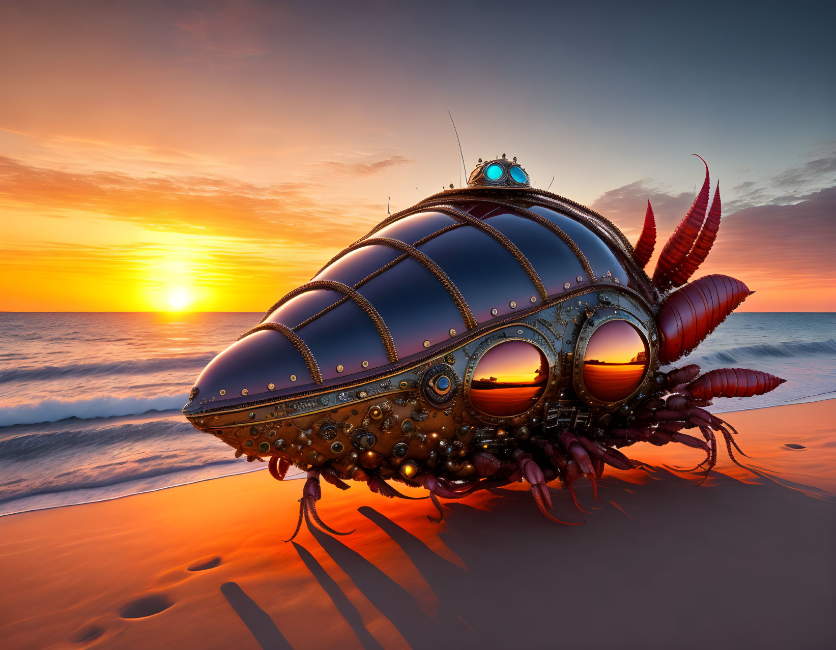 Steampunk-style submarine on beach at sunset with intricate metalwork and glass portholes