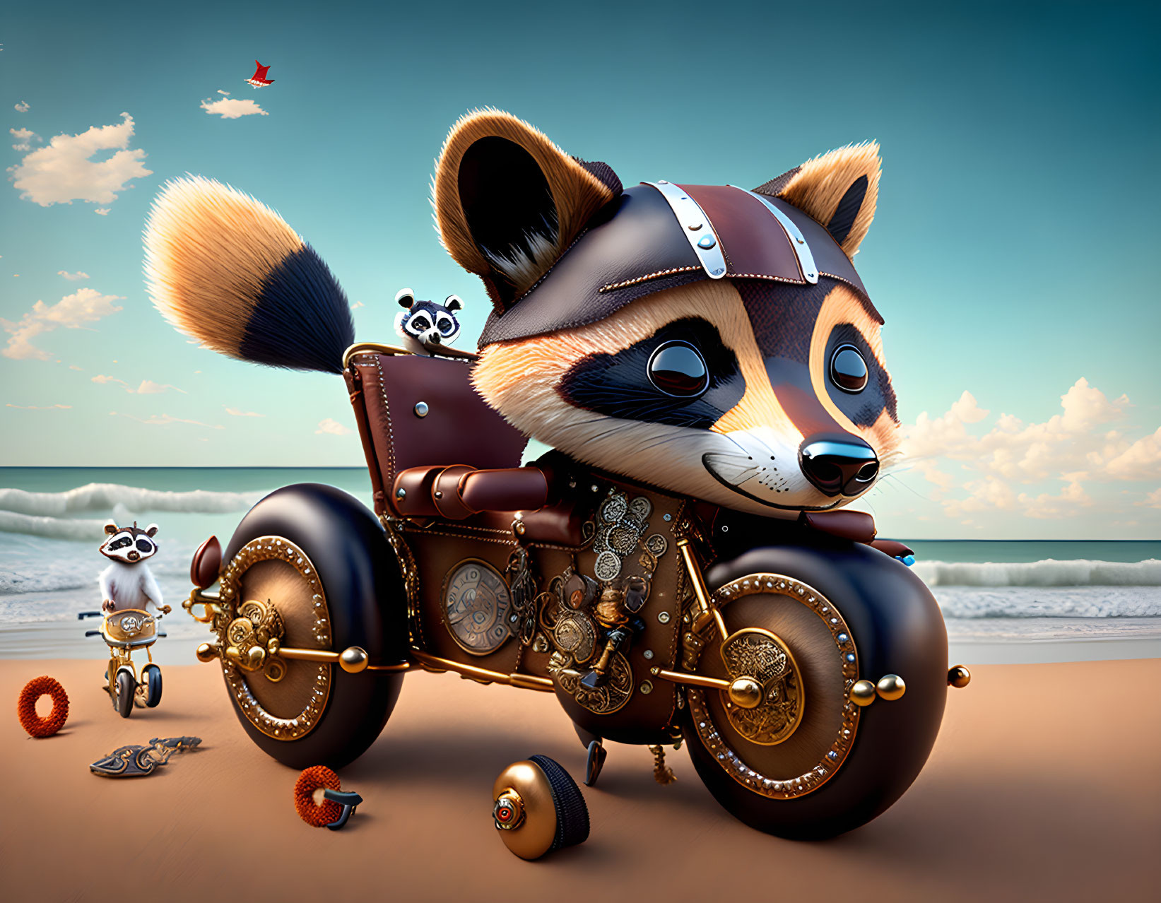 Anthropomorphic raccoon on steampunk motorbike at beach