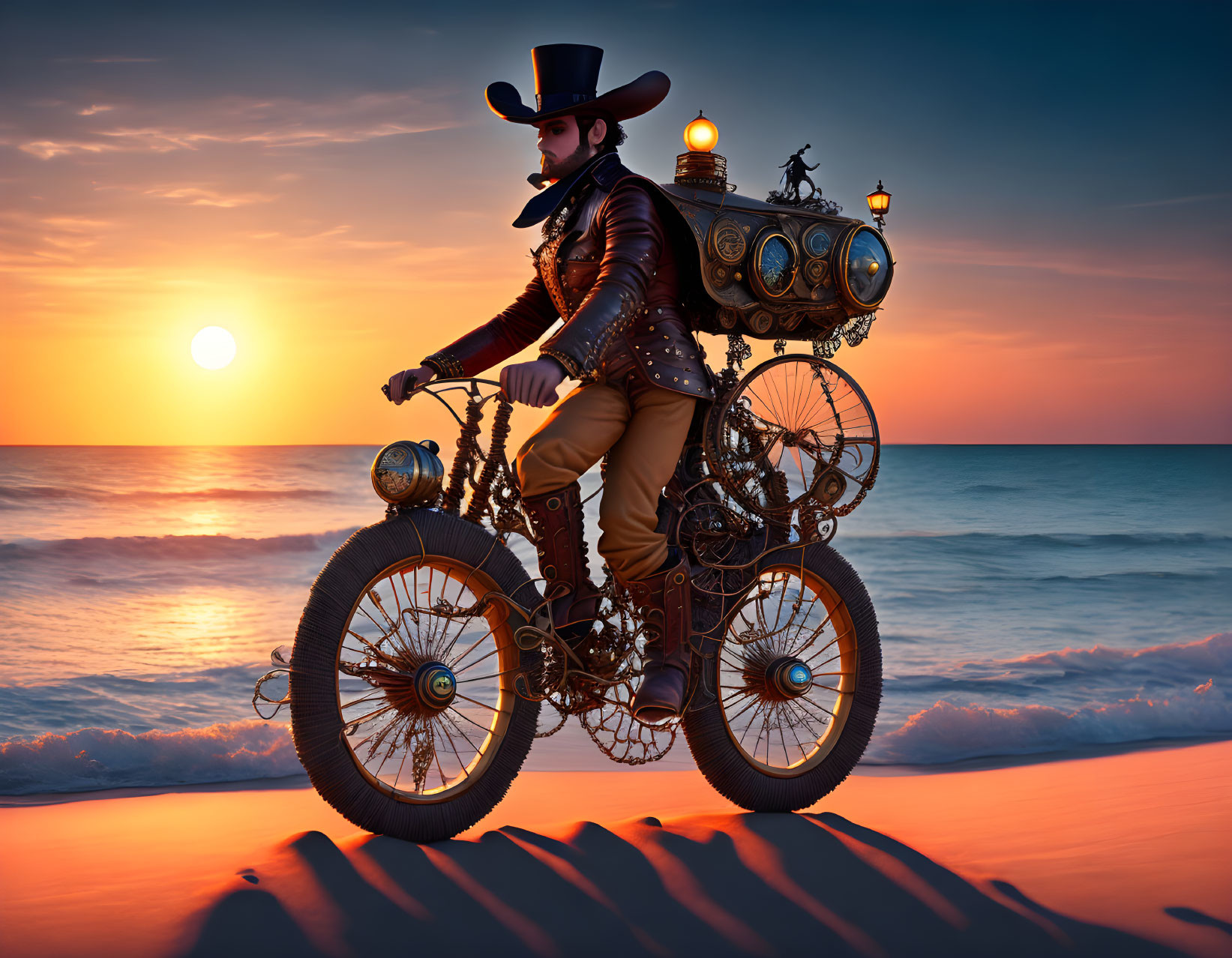 Steampunk-themed character on ornate bicycle at beach sunset