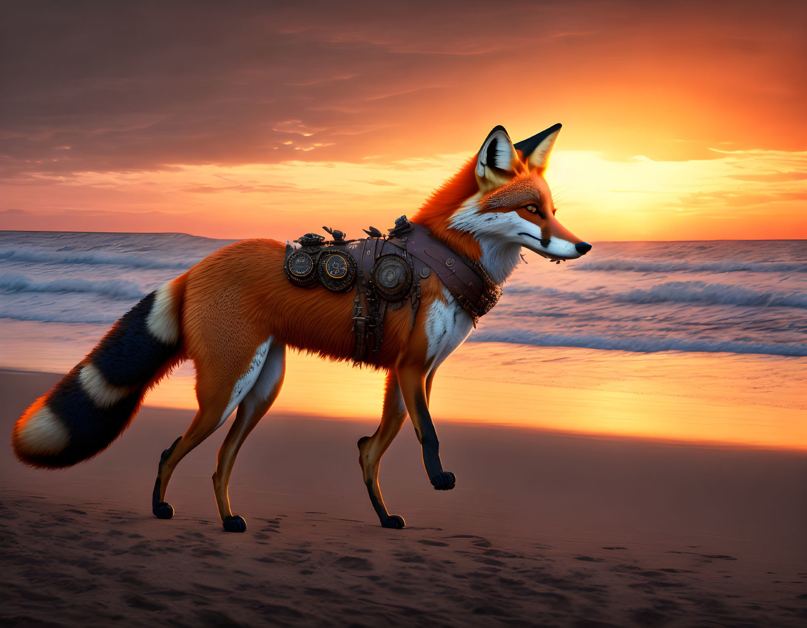 Fox in leather harness and goggles on sunset beach with ocean waves