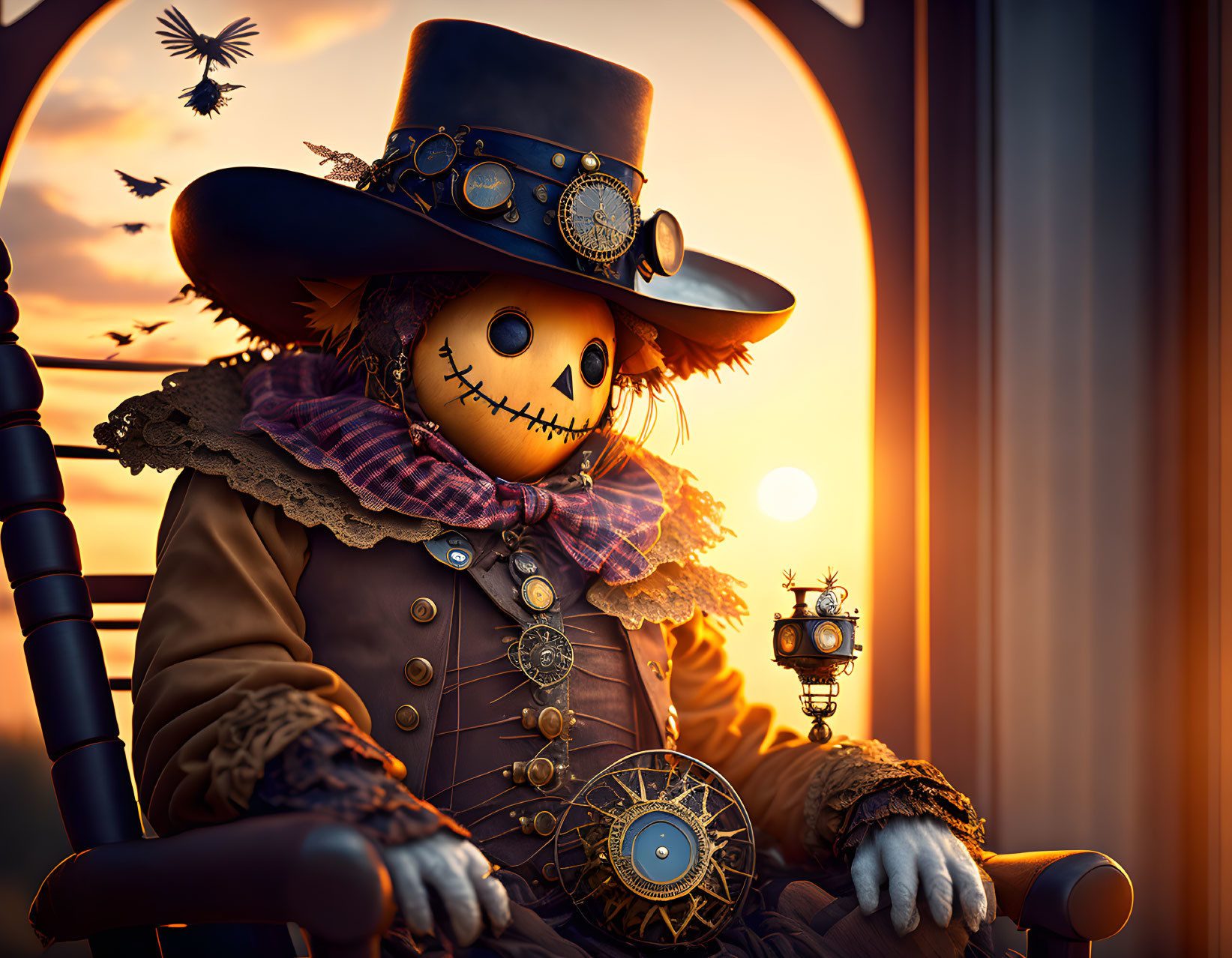 Steampunk style scarecrow with top hat and clock parts in sunset scene.