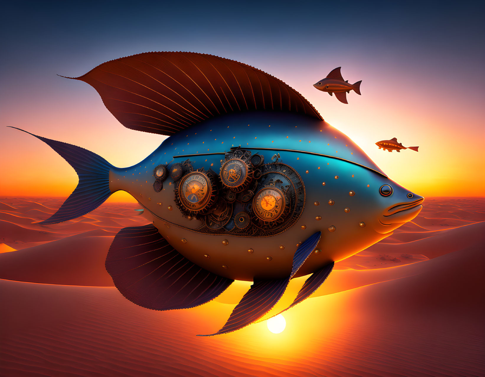 Surreal Fish with Mechanical Gears Swimming in Desert Twilight