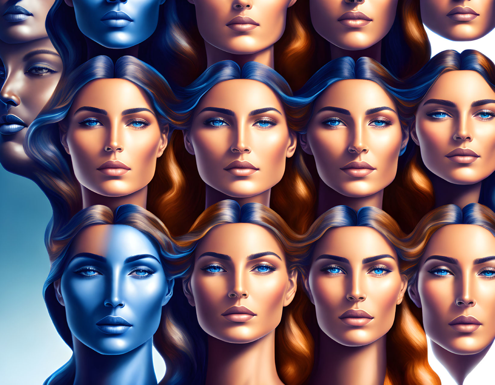 Female faces in surreal digital artwork with gradient hues from skin tones to blue