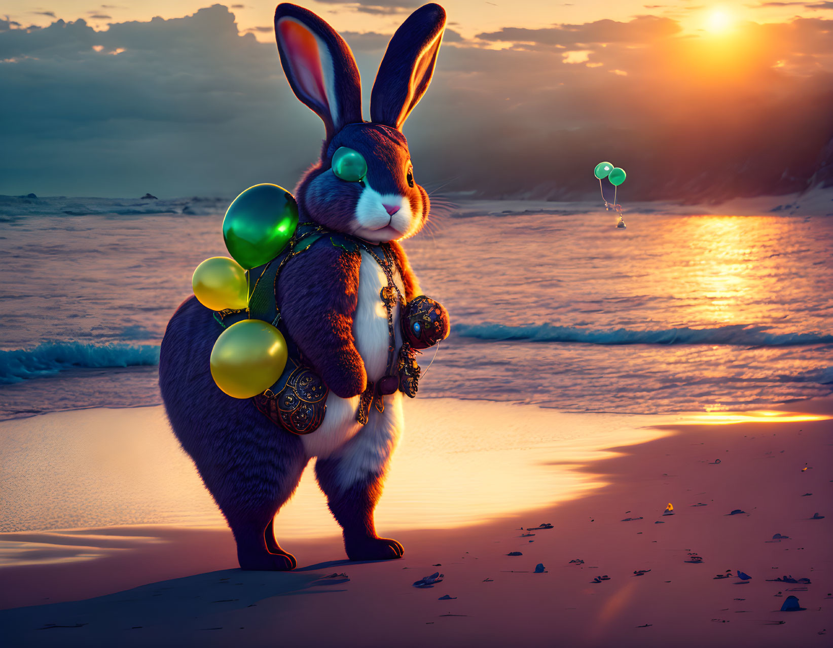 Sunset beach scene: Rabbit with balloons, one floating away