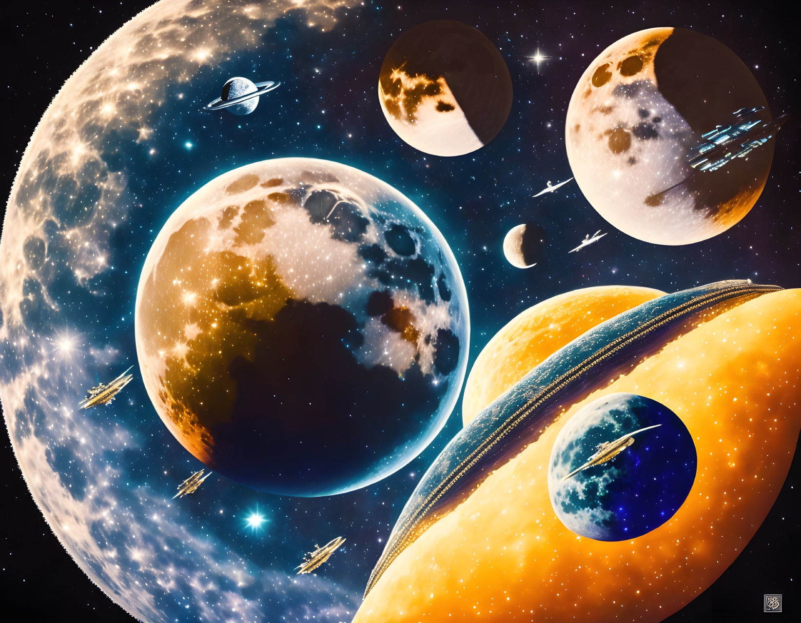 Colorful cosmic scene with planets, moons, and stars