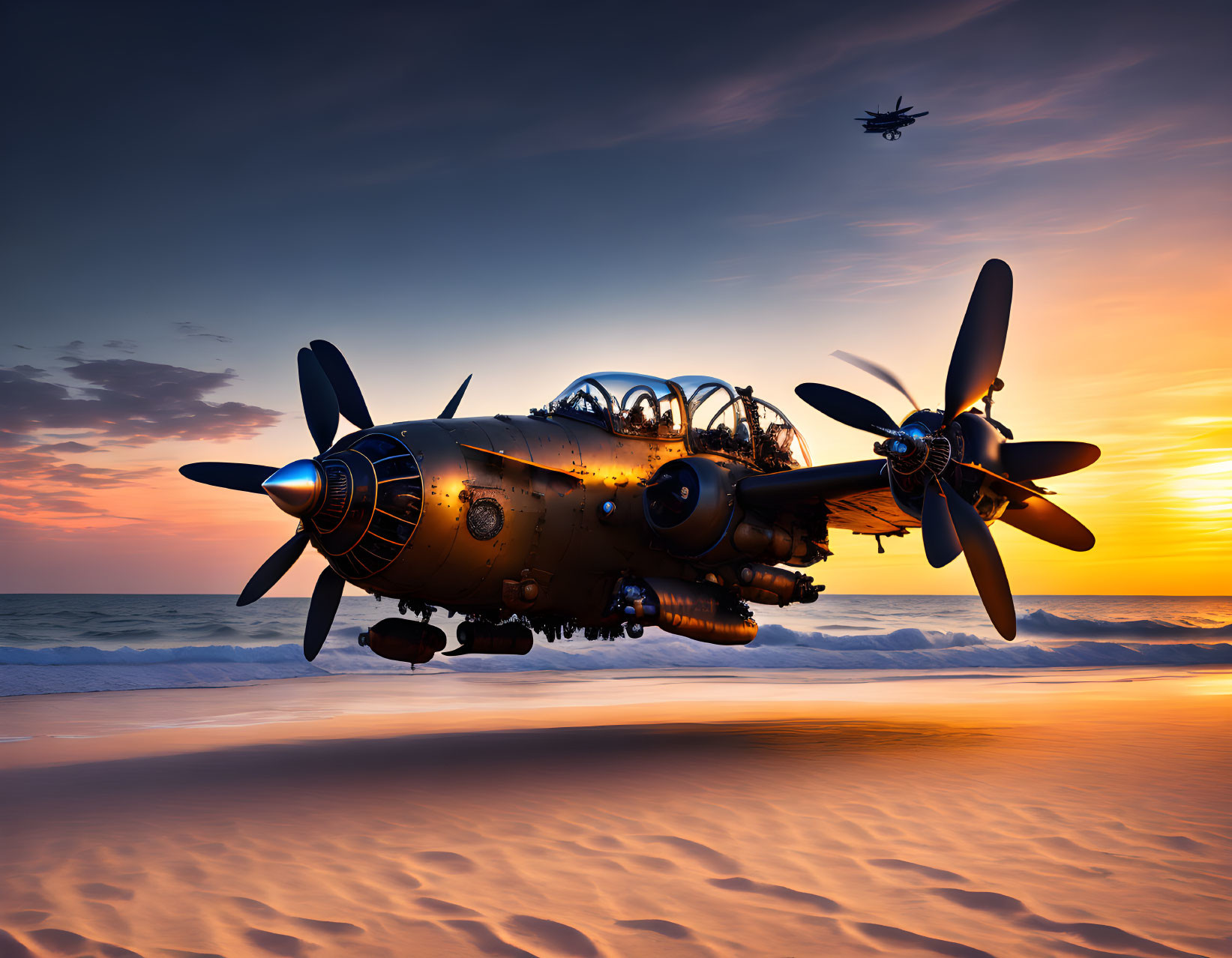 Vintage Warplane Landing on Beach at Sunset with Silhouetted Aircraft in Background