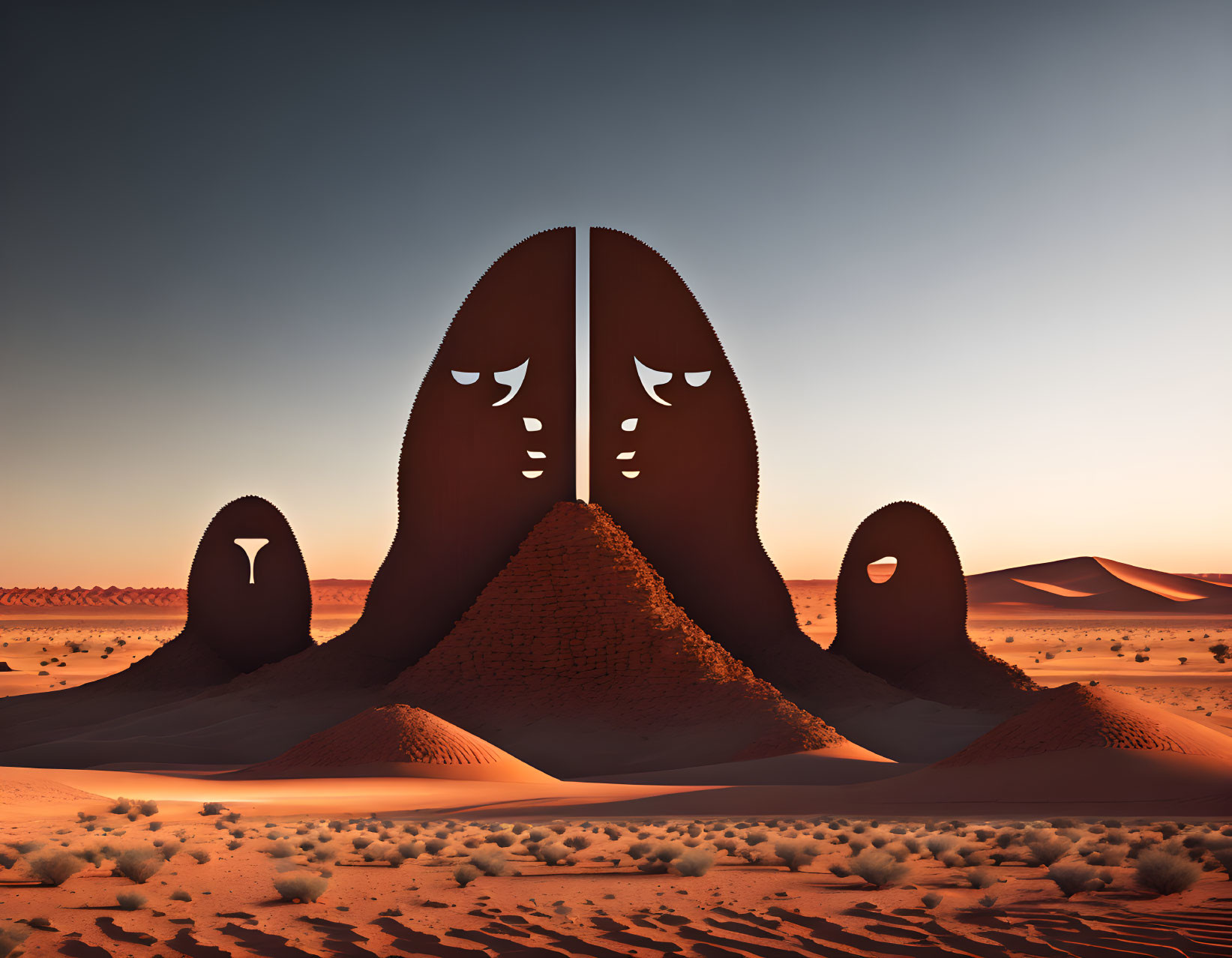 Large mask-like structure with faces in desert landscape at evening