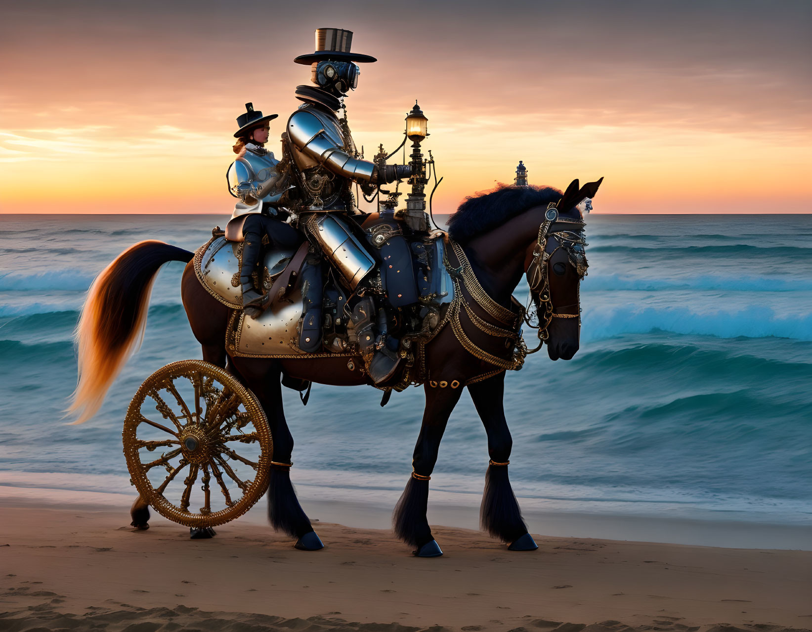 Steampunk robotic figure on horse at sunset beach