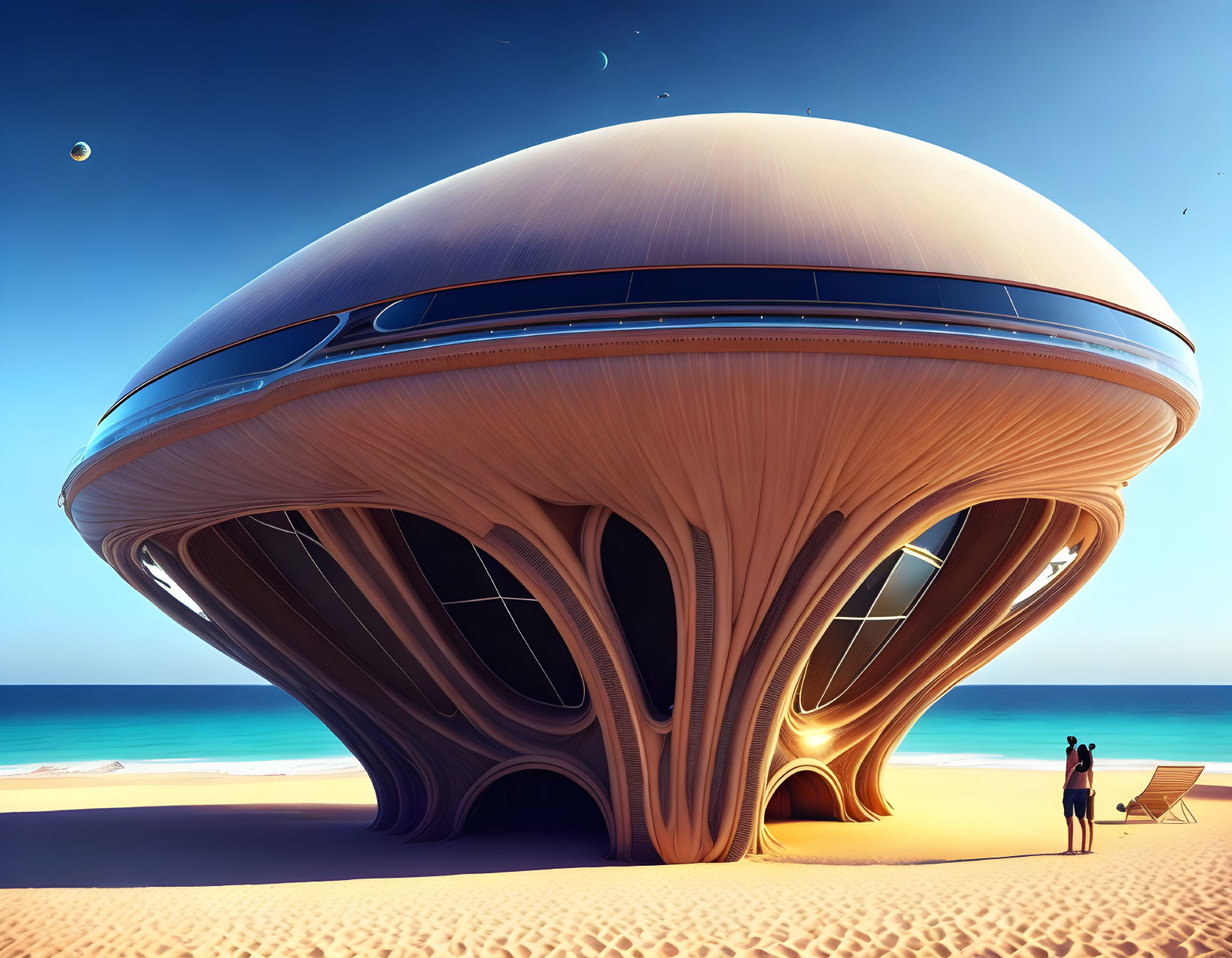 Unique mushroom-shaped building on sandy beach with two people under crescent moon