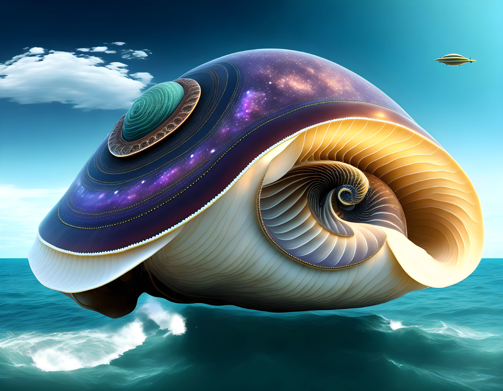 Surreal giant seashell illustration with cosmos interior