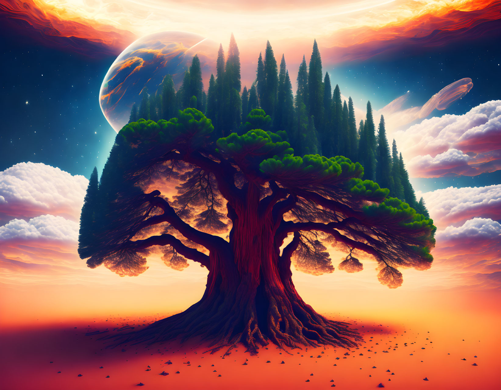 Majestic tree in vibrant fantasy landscape with surreal red-orange ambiance