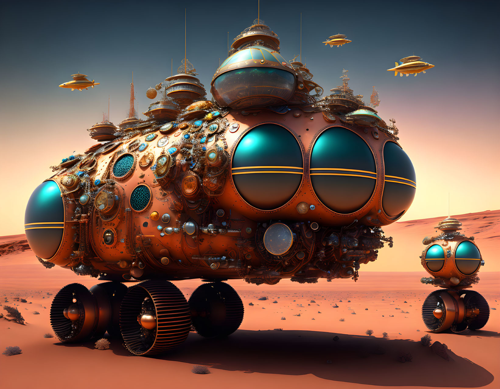 Intricate futuristic vehicles on alien planet under orange sky