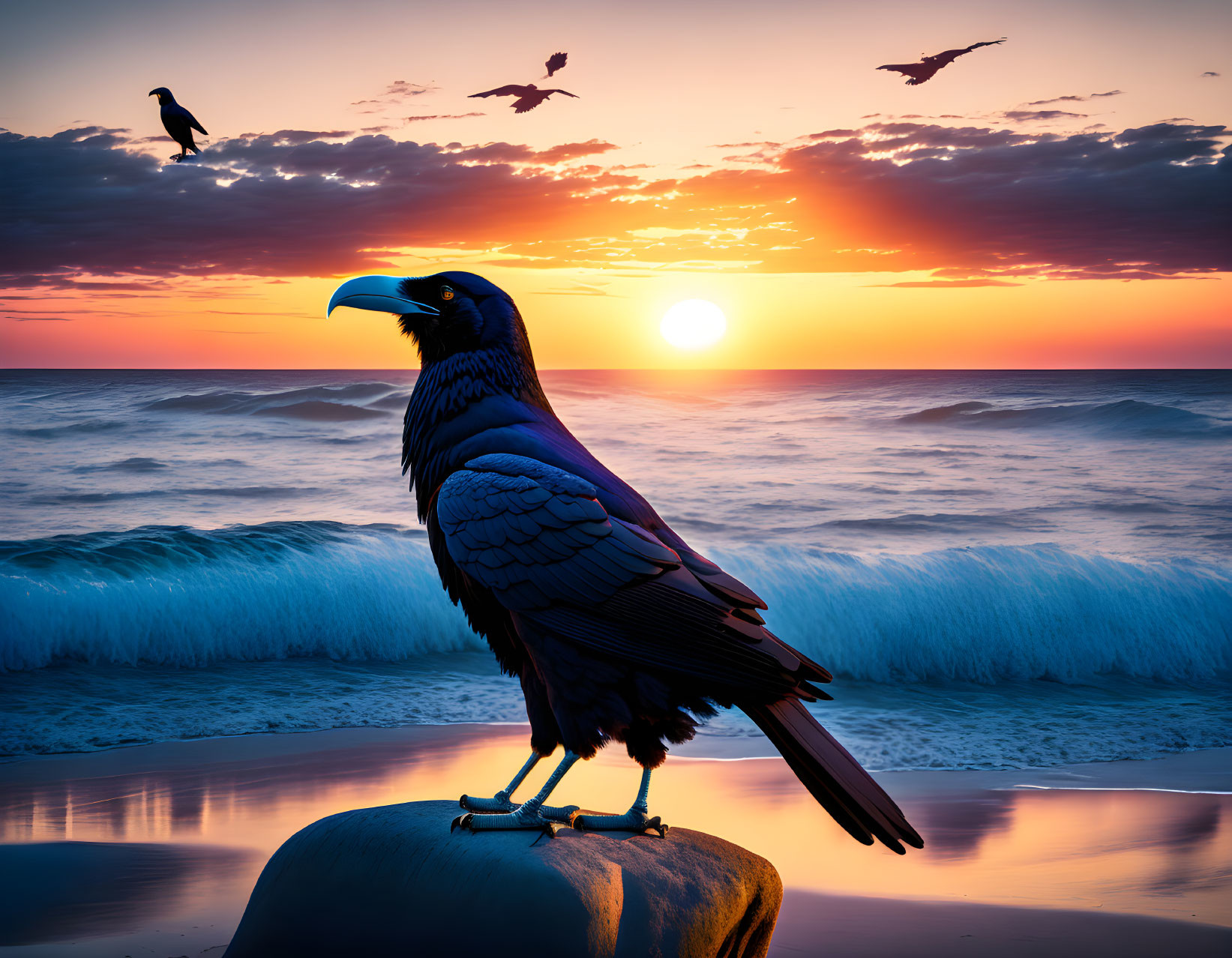 Raven on beachside rock at sunset with orange skies and ocean waves