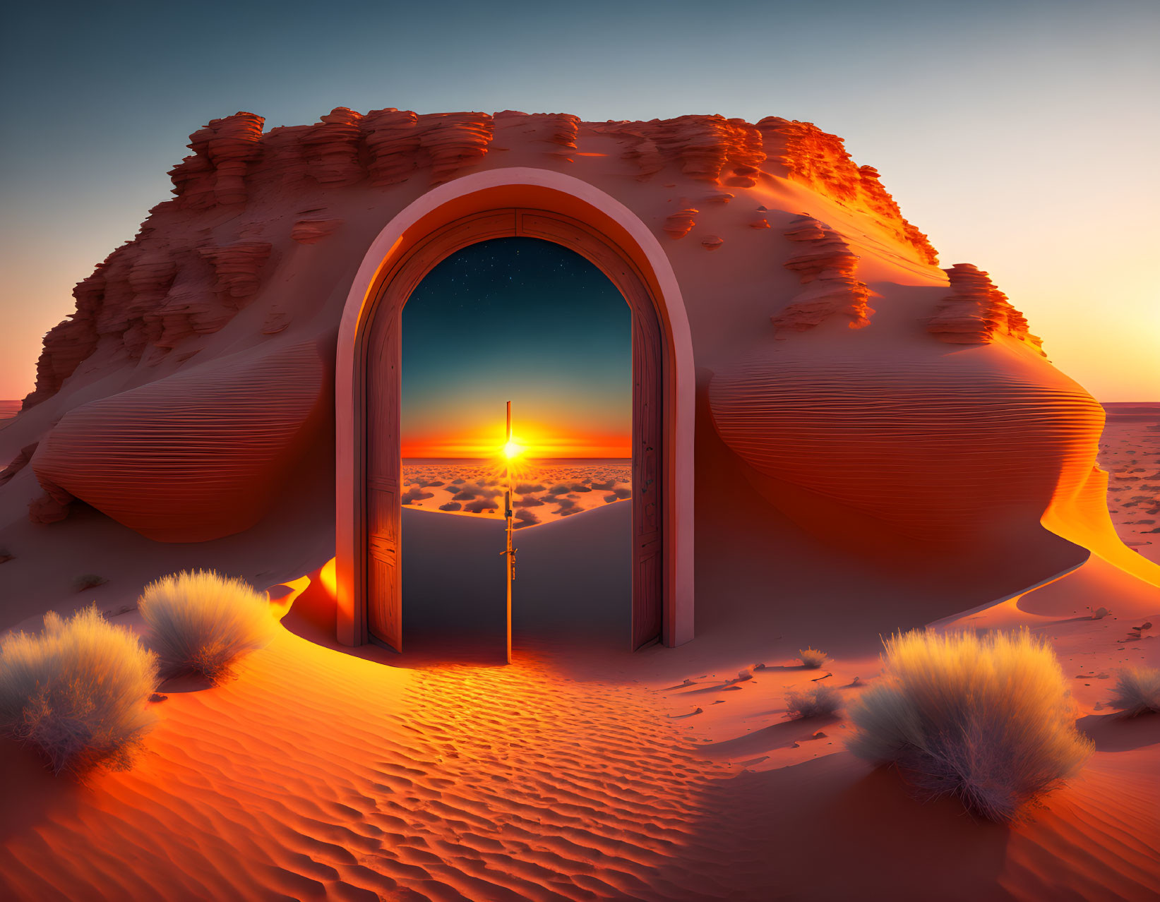 Surreal desert landscape with arch-shaped door opening to starry night sky