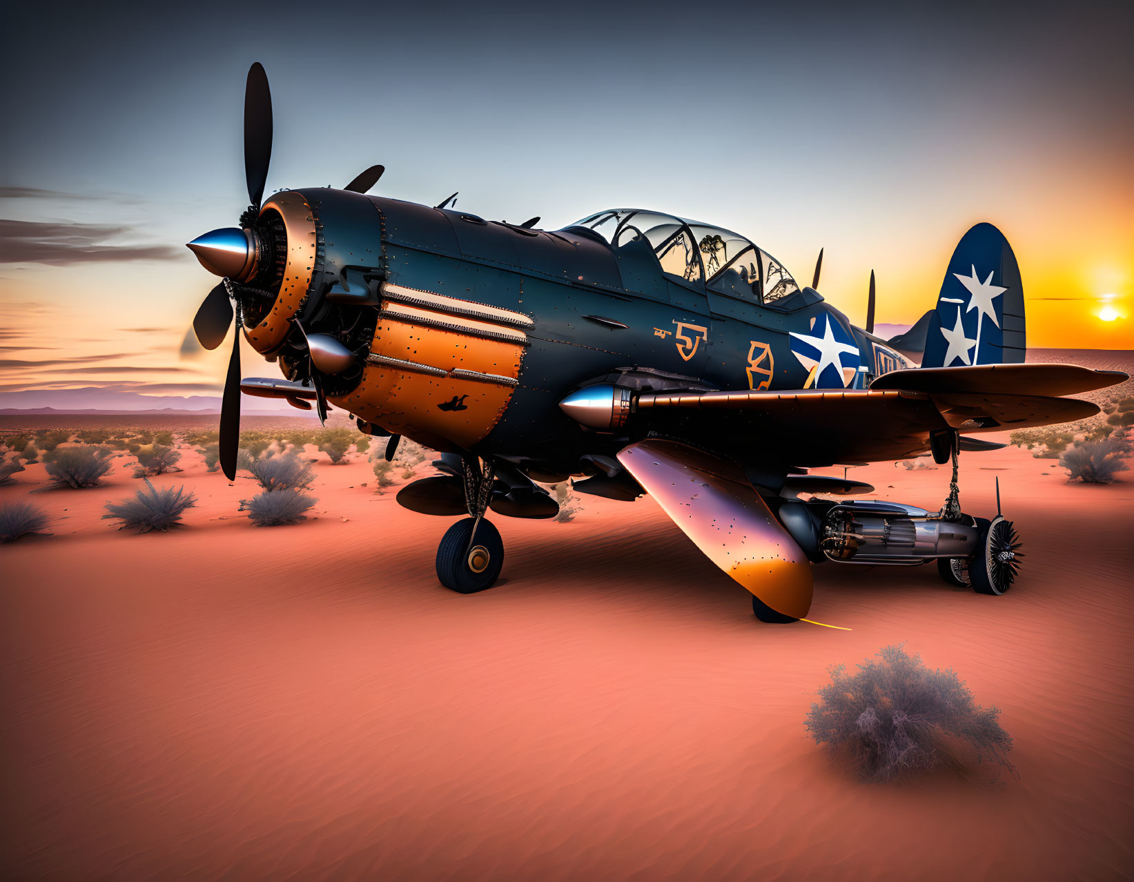 Vintage World War II fighter aircraft with US insignia in desert at dusk