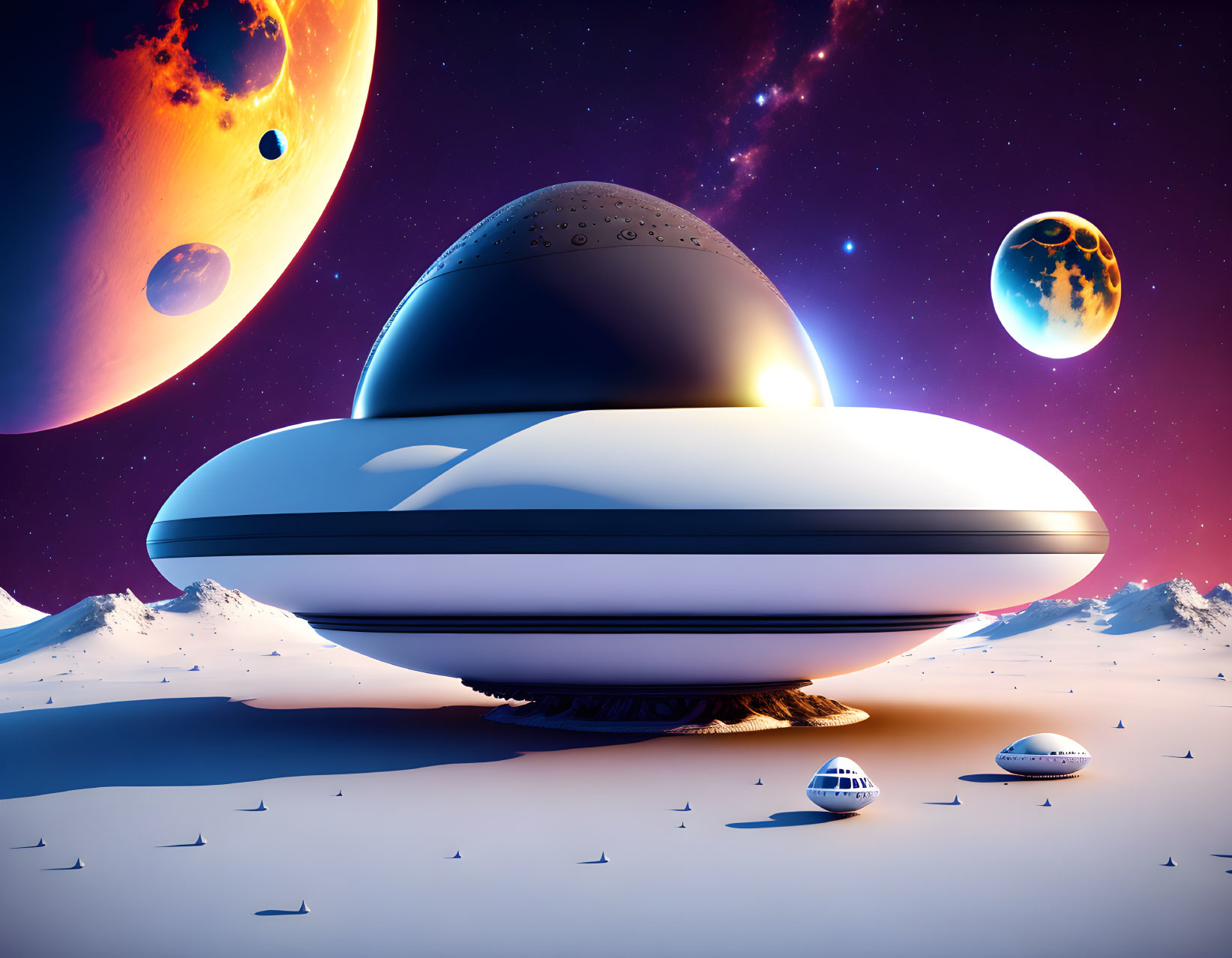 Futuristic digital artwork: Flying saucer on snowy landscape with multiple planets in sky