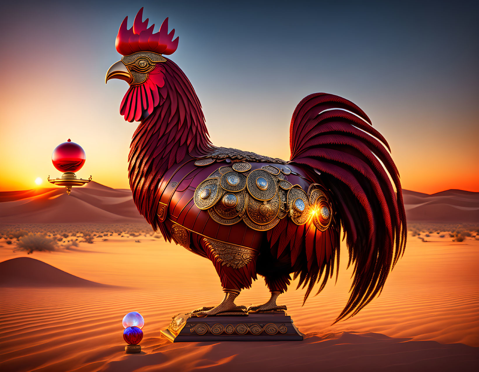 Mechanical rooster with intricate designs on sand dune at sunset