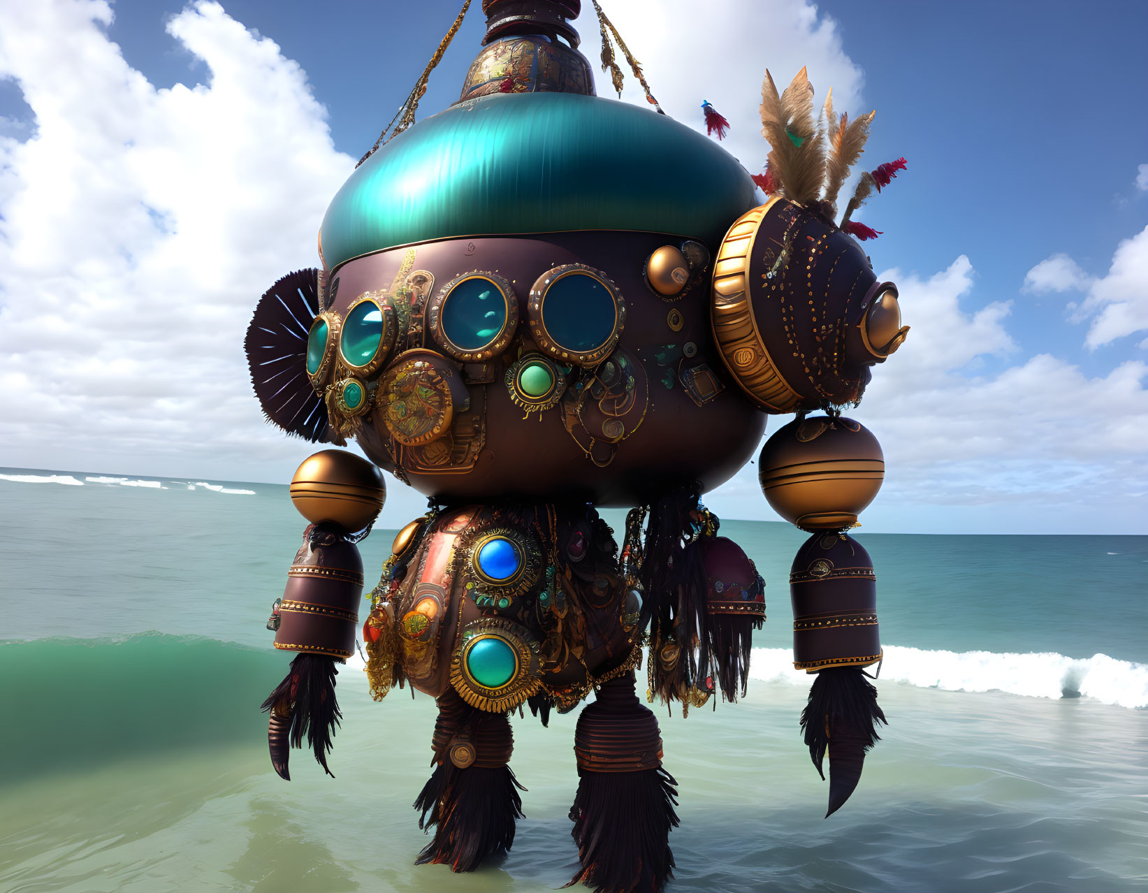 Steampunk-style submarine with bronze detailing floating above ocean