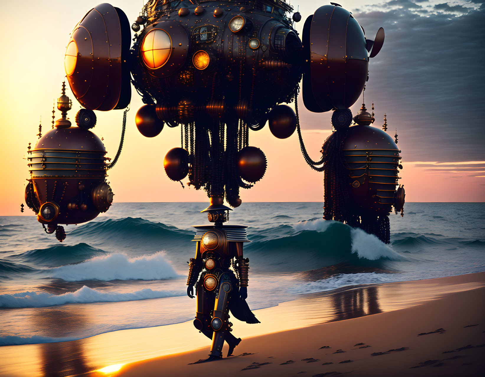 Steampunk-style airships over ocean at sunset with robotic figure and orbs